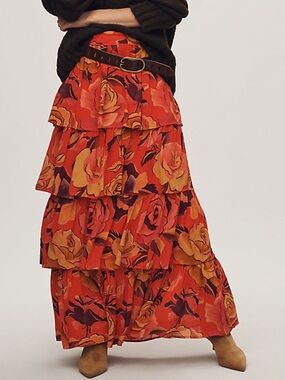 FARM Rio Red and Orange Floral Tiered Maxi Skirt